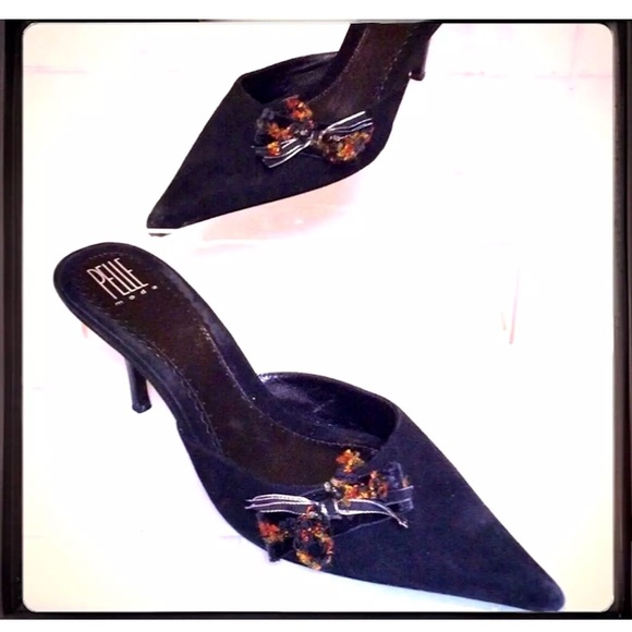 🖤PELLE MODA🖤 SUEDE POINTED SIDE BOW 3.5“ HEELS SLIDE-ON MULE SHOES EUC❣️ - Picture 10 of 12